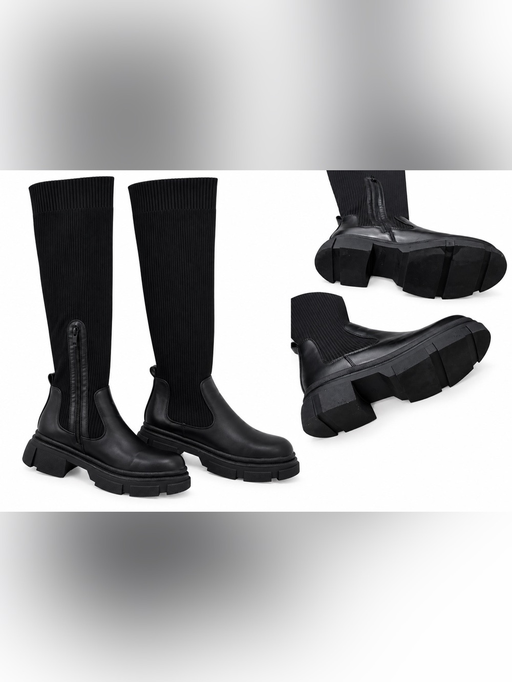 Black Ribbed Knee-High Chunky Lug-Sole Boots Size 9